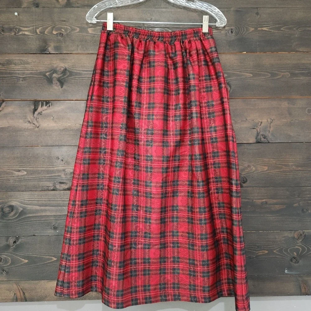 Vintage 80s Red Plaid Midi Pocket Skirt S/M 25